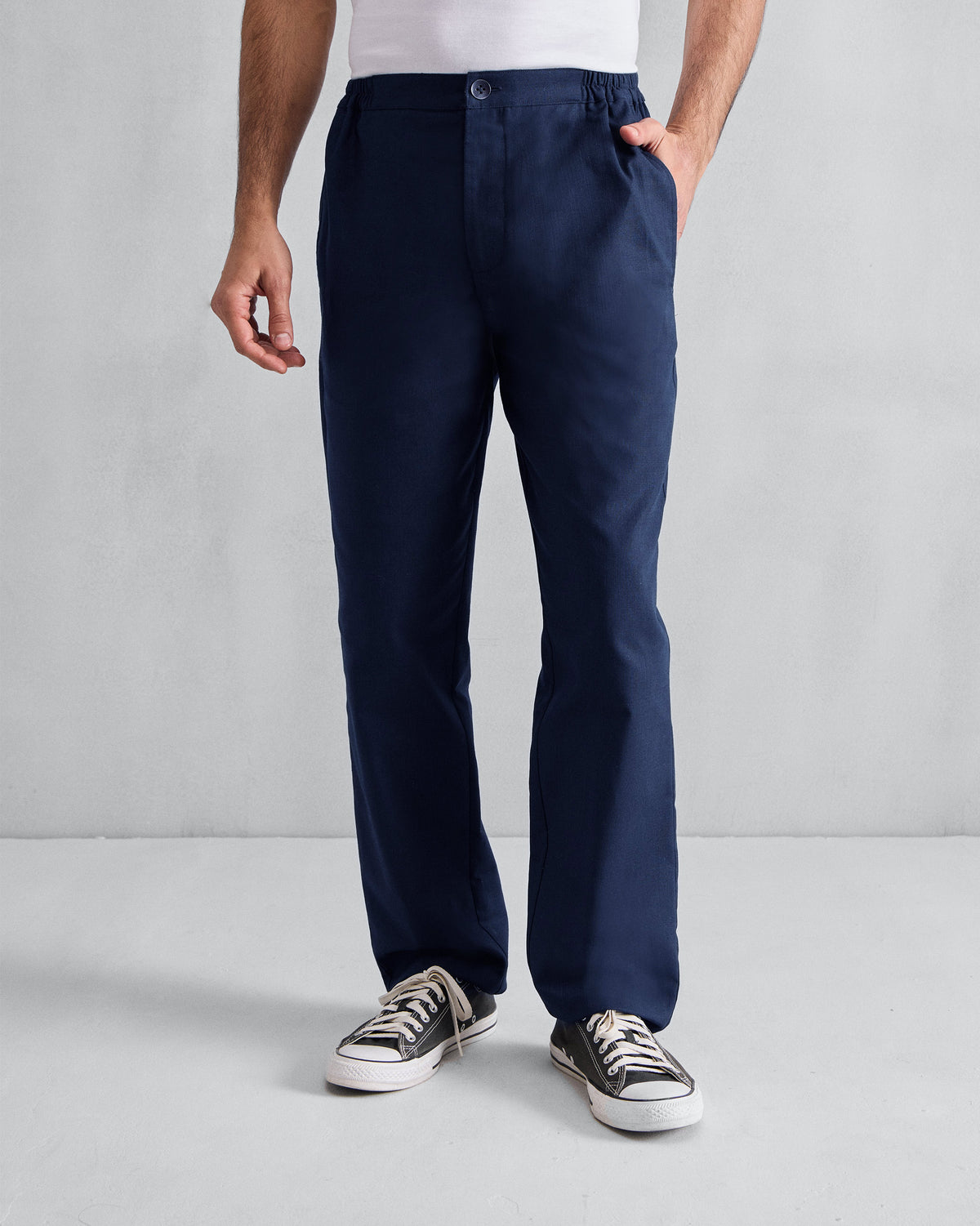 Person wearing orian blue Meadow Pants with a straight leg.