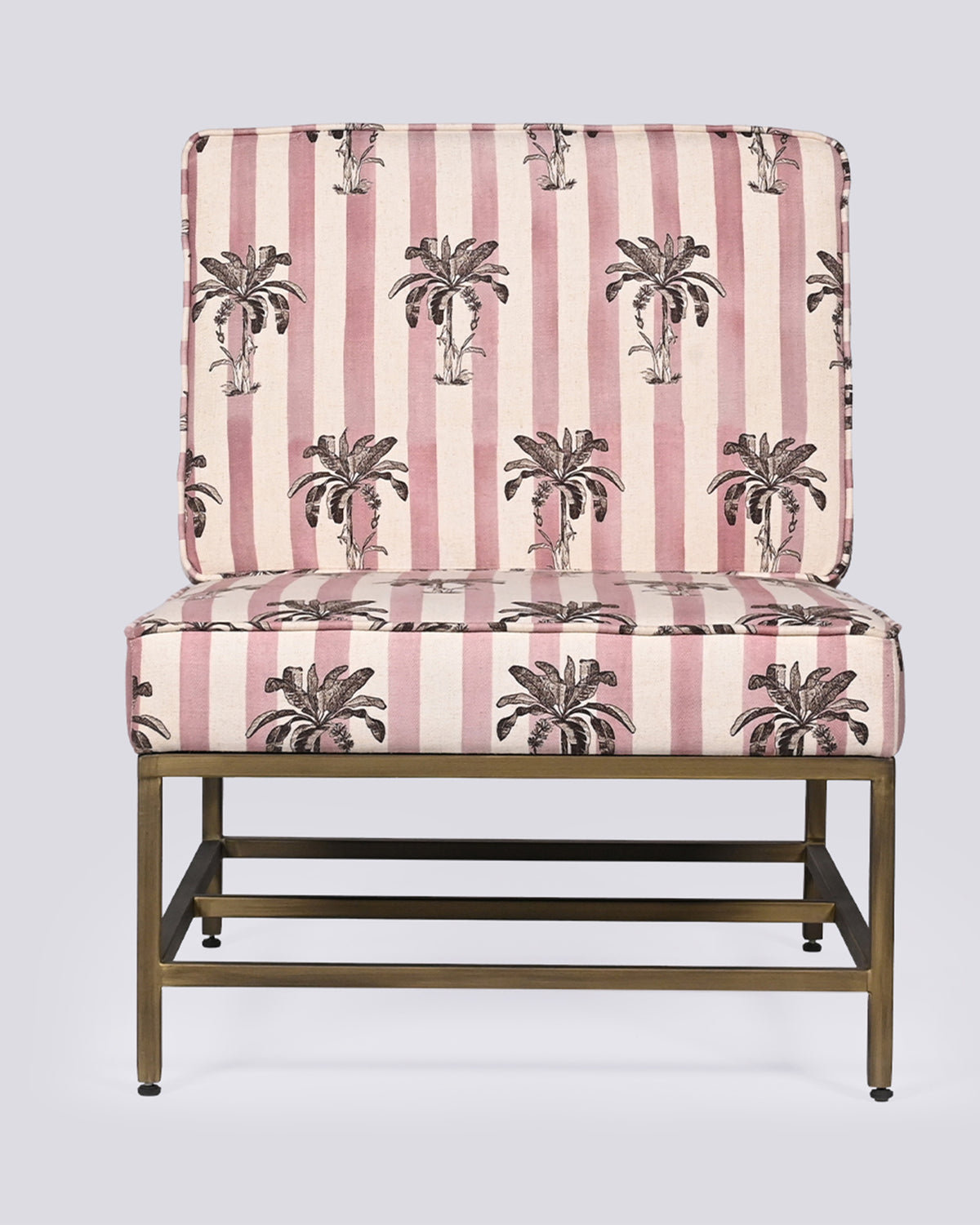 Bay Chair with pink and cream stripes, black palm motifs and a brass metal frame.