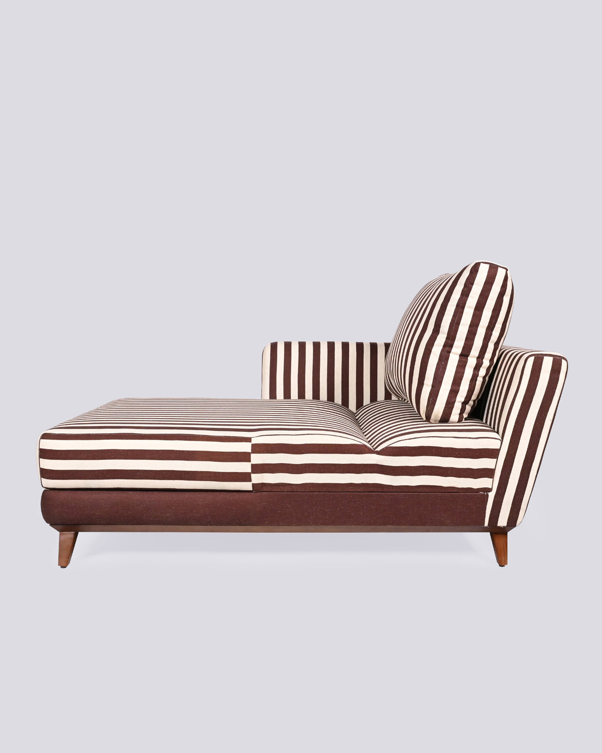 Side profile of the Vale sofa chaise showing striped seat length and back cushions.