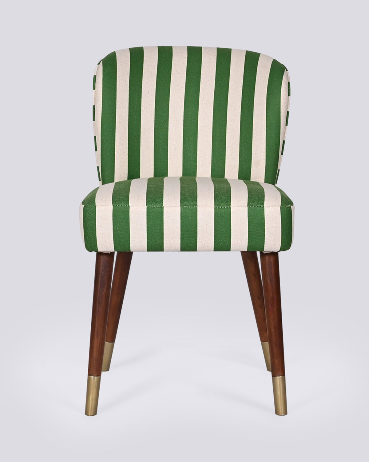 Rain dining chair in green and cream vertical stripes with brass-tipped wood legs.