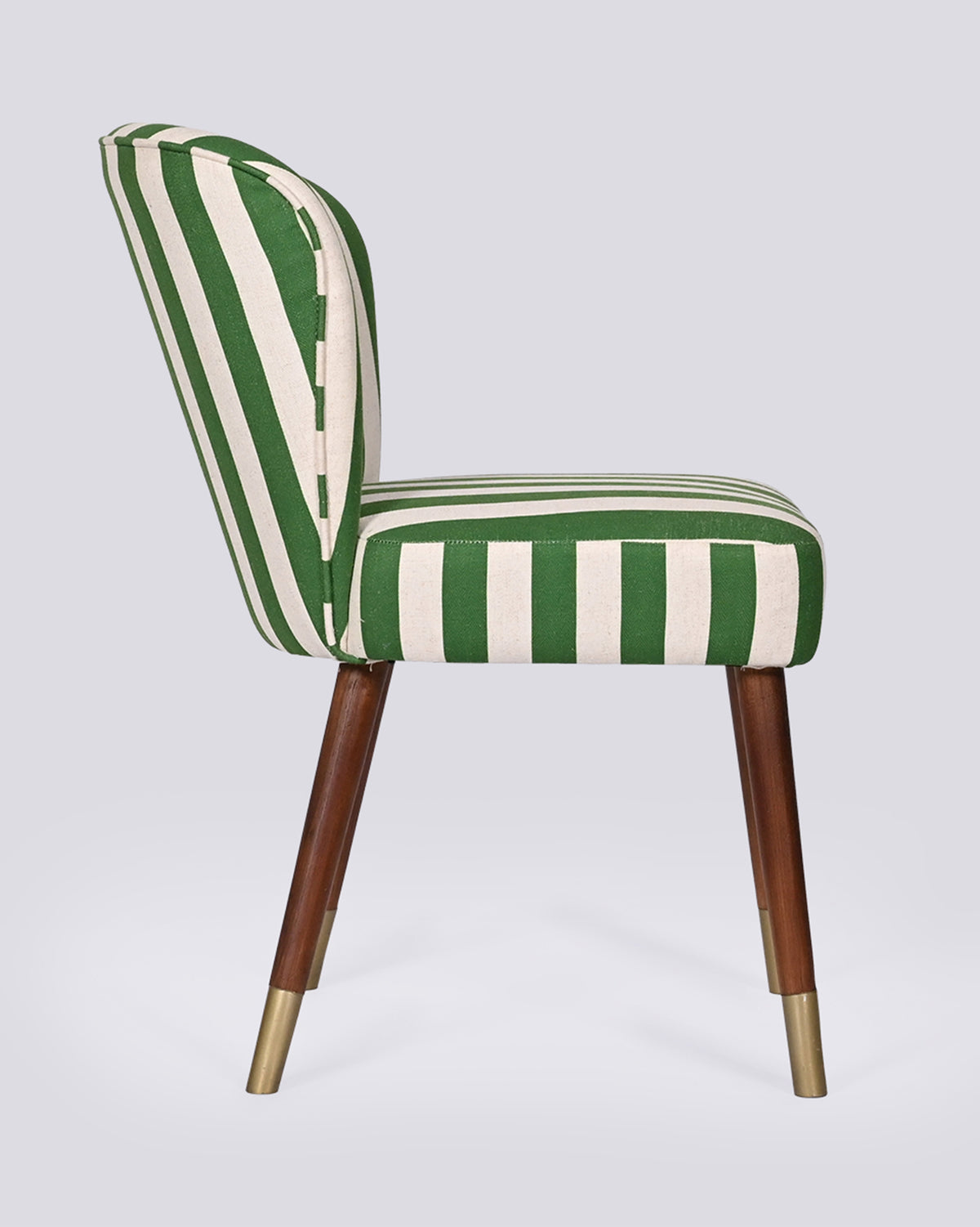 Side view of the Rain dining chair showing its curved striped back and tapered legs.