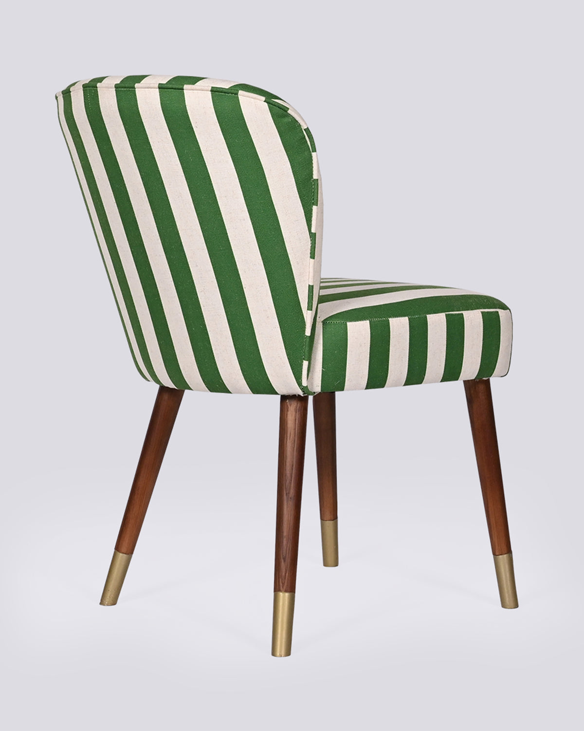 Three-quarter back of the Rain dining chair in green and cream stripes.