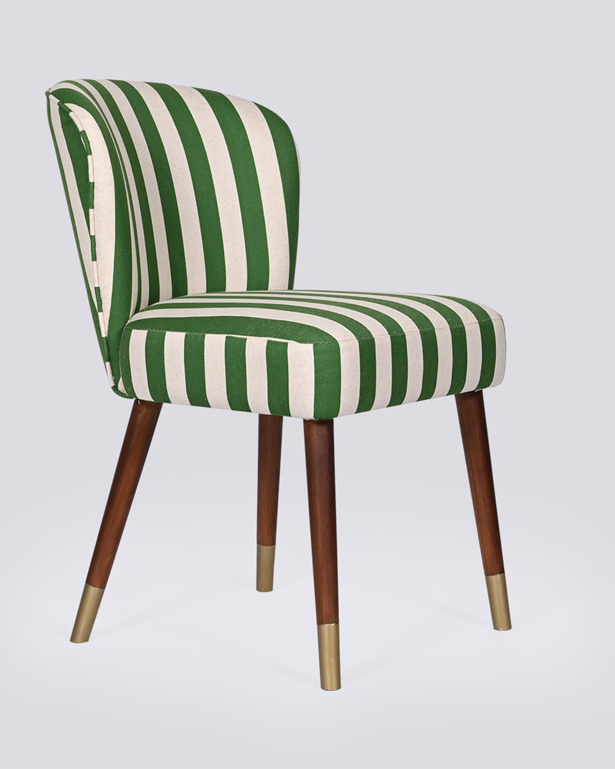 Three-quarter view of the Rain dining chair in green and cream stripes.
