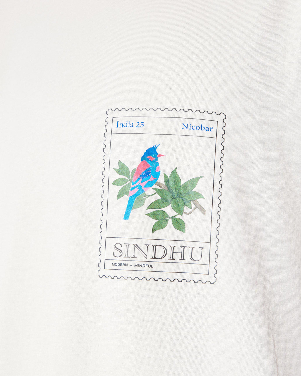 Close-up of the Bulbul t-shirt bird stamp graphic reading SINDHU.