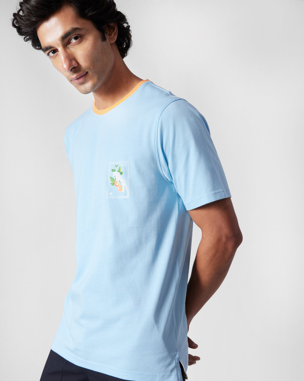 Person wearing an ice blue Everyday T-Shirt with an orange collar.