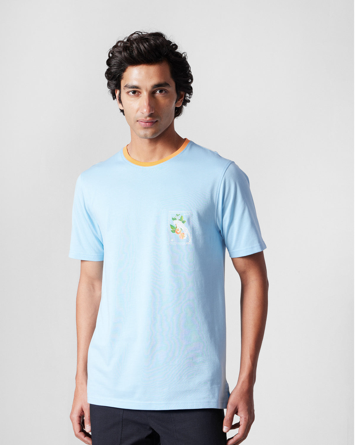 Person wearing an ice blue Everyday T-Shirt with a chest stamp graphic.