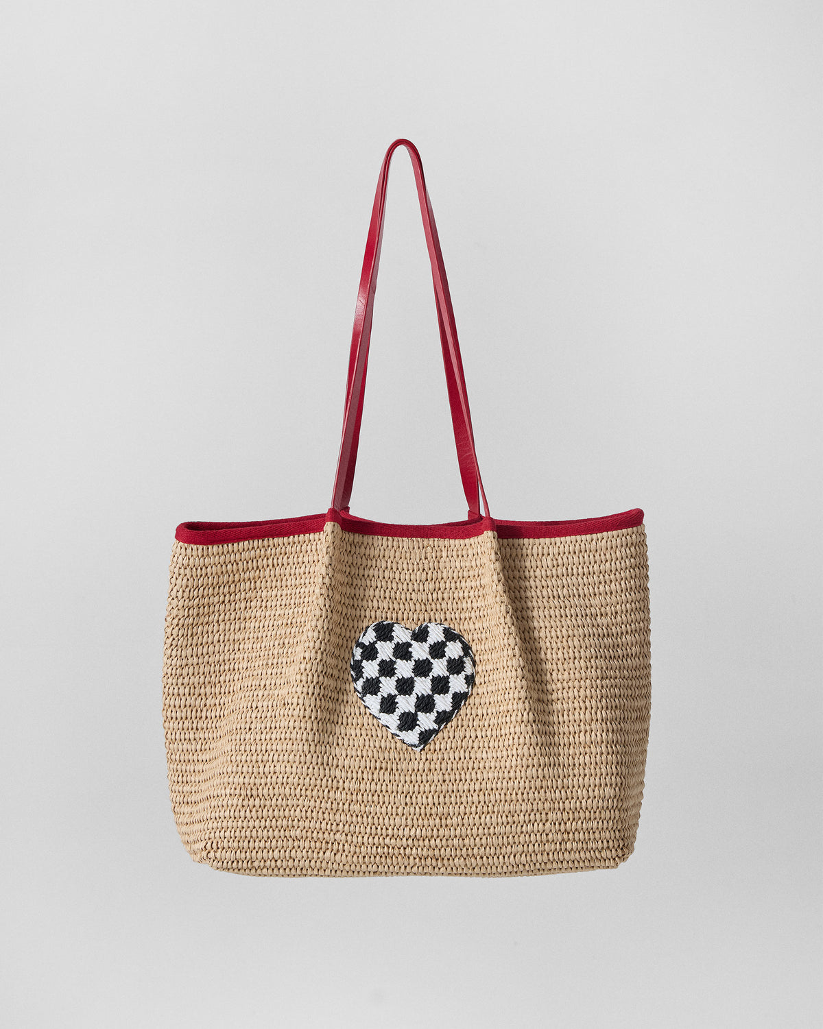 Natural Dil Woven Tote with a black and white checkered heart.