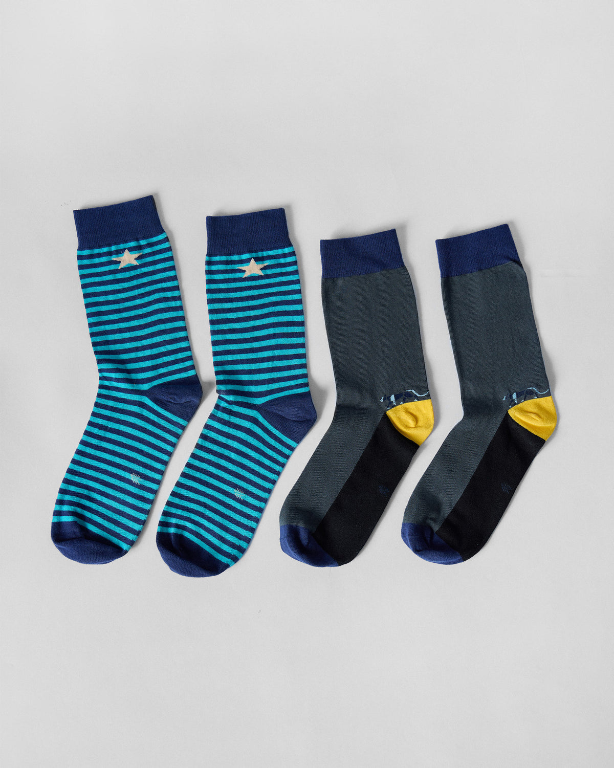 Men's Stride Socks set with teal stripes and charcoal yellow-heel pairs.