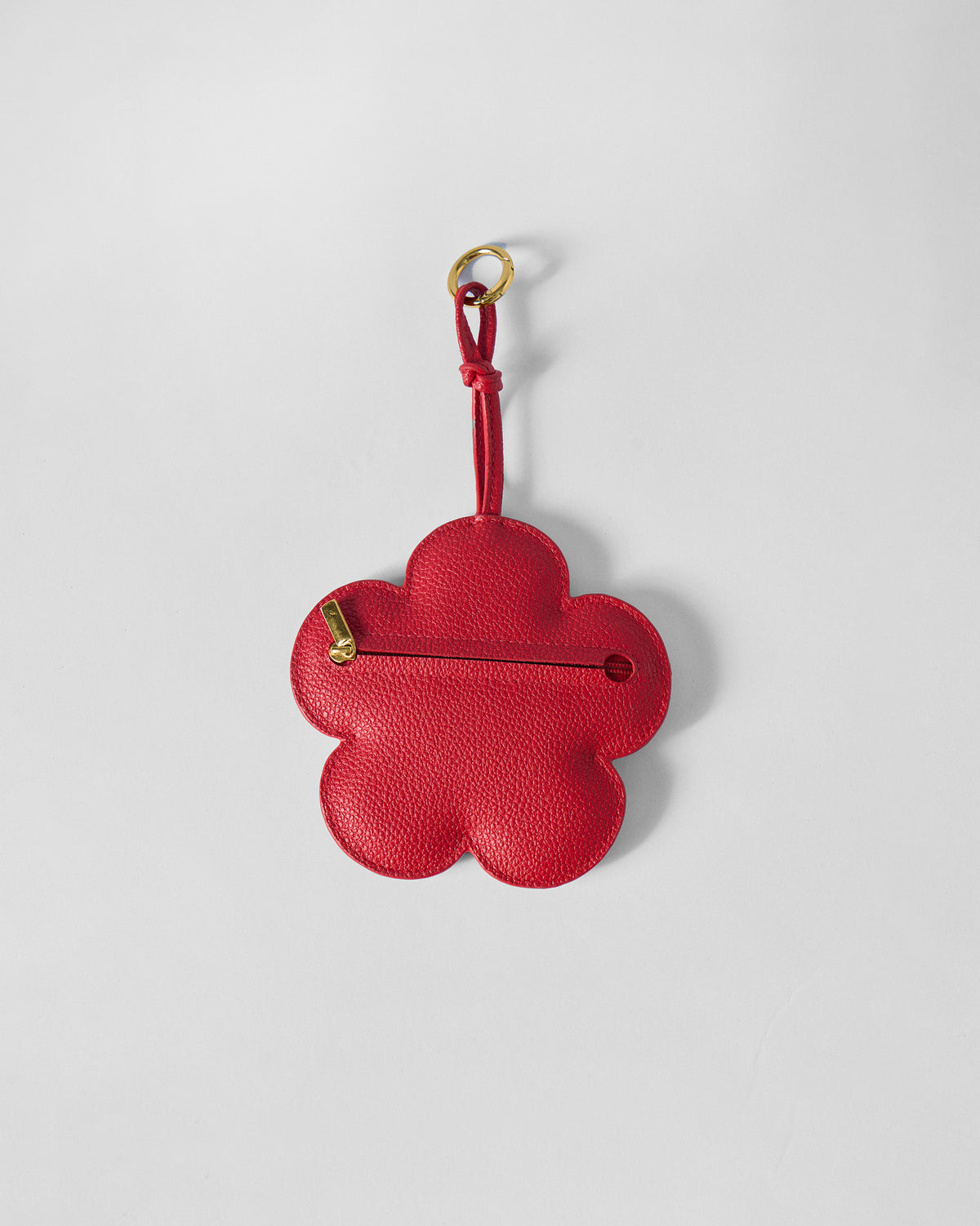 Back of a red Flower Coin Pouch showing its gold clip.