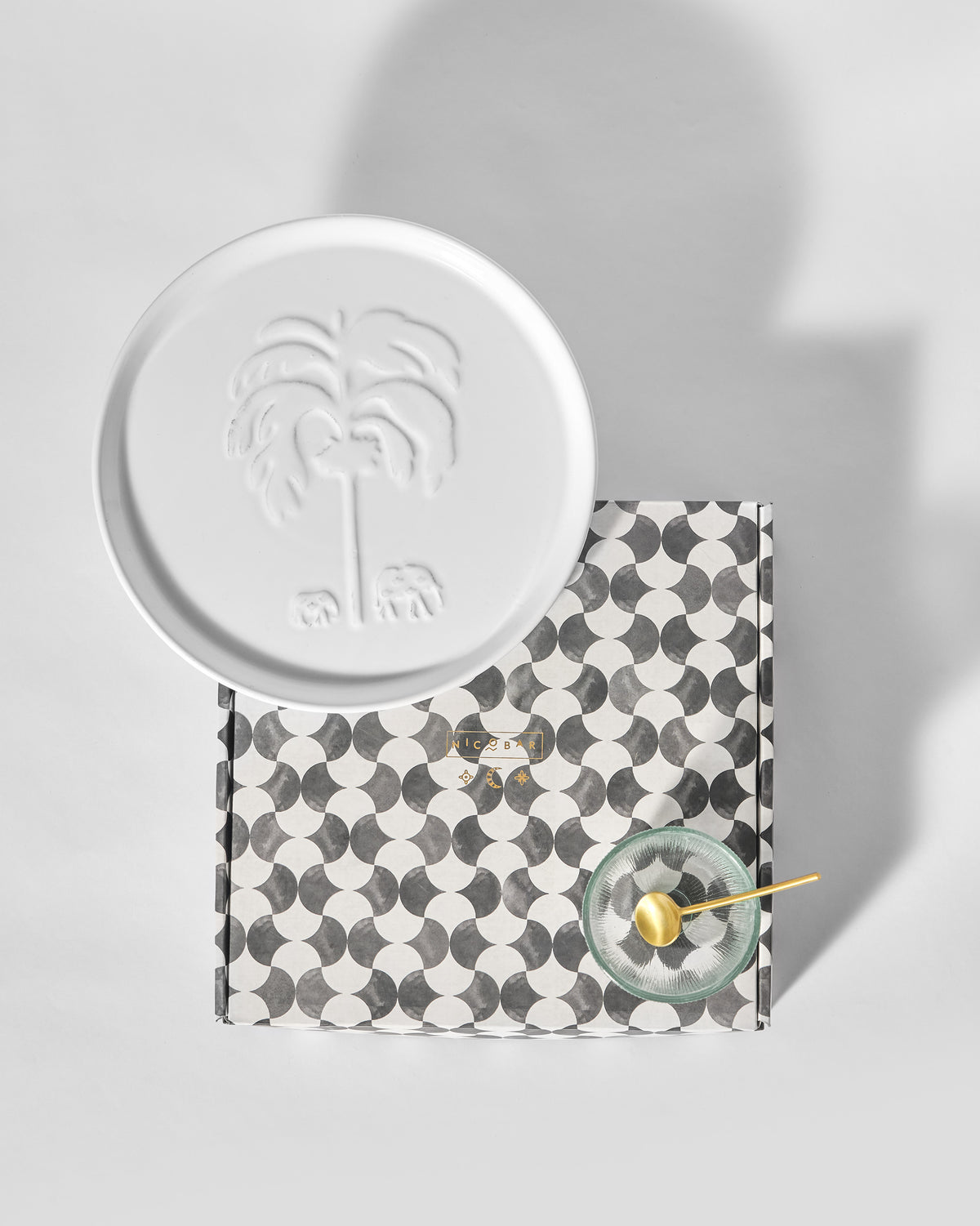 Ele Palm Chip & Dip Platter resting on a black and white patterned box.