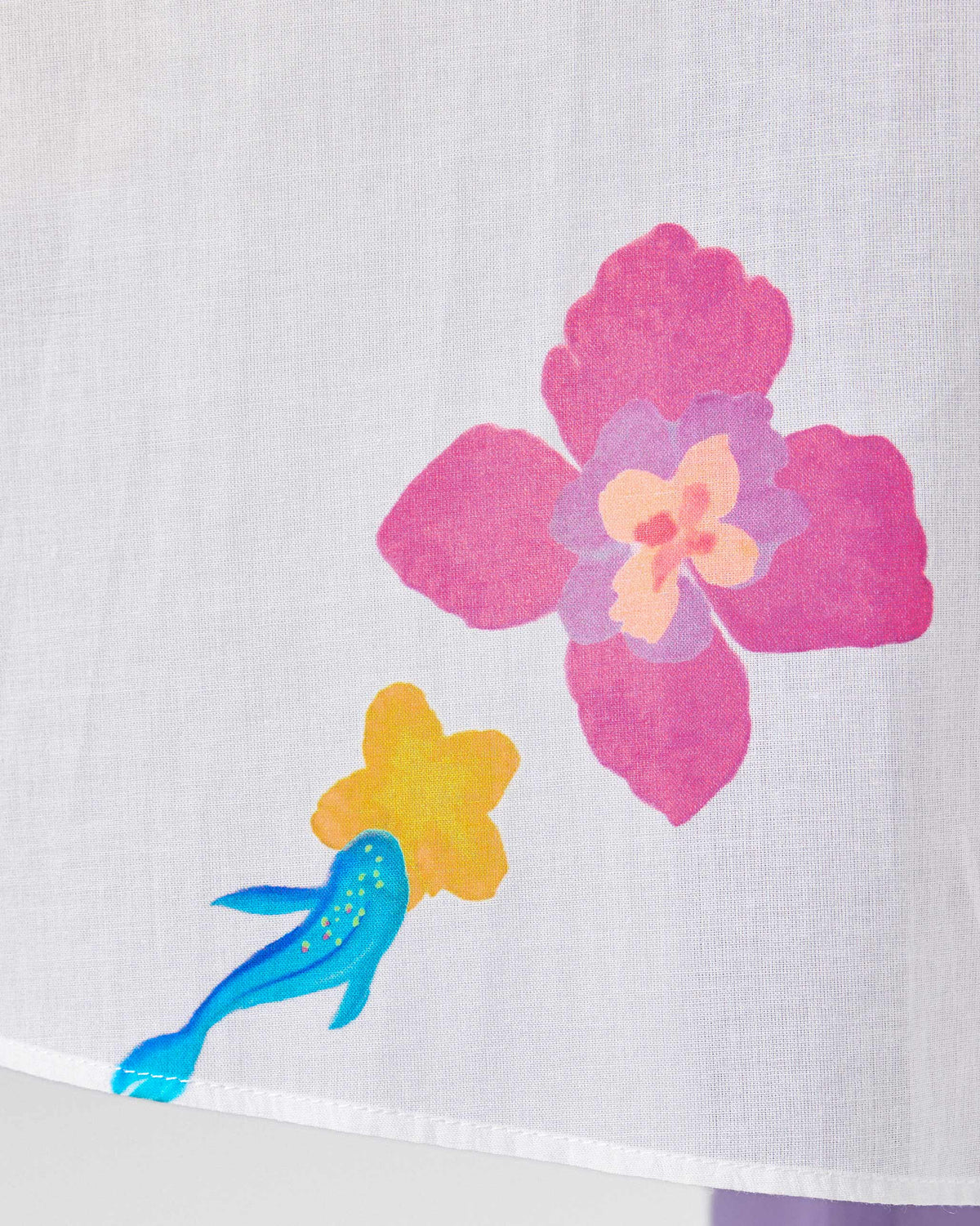 Close-up of floral and fish motifs on an ivory Mirage kurta.