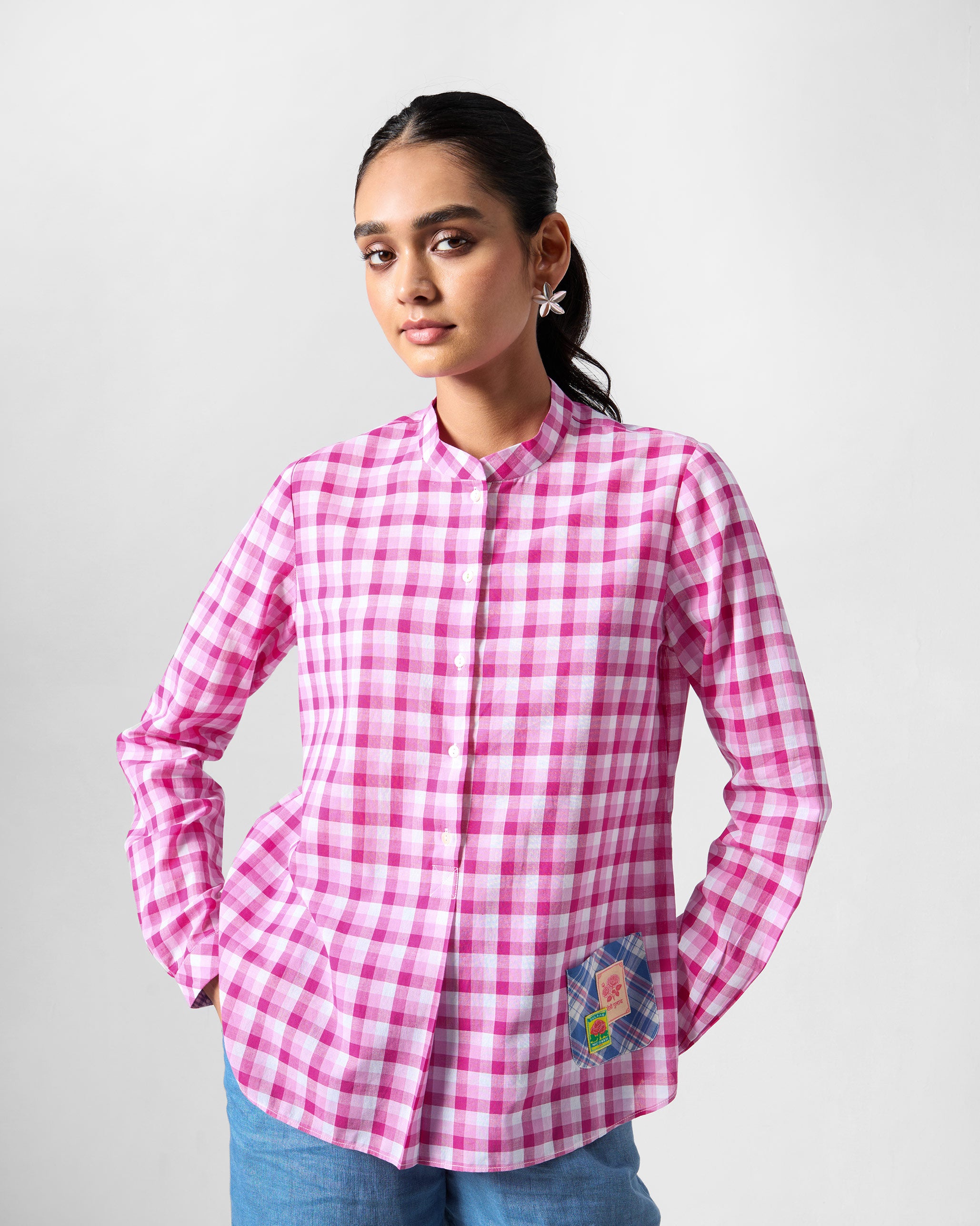 Mandarin Collar Top - Pink & White Checks