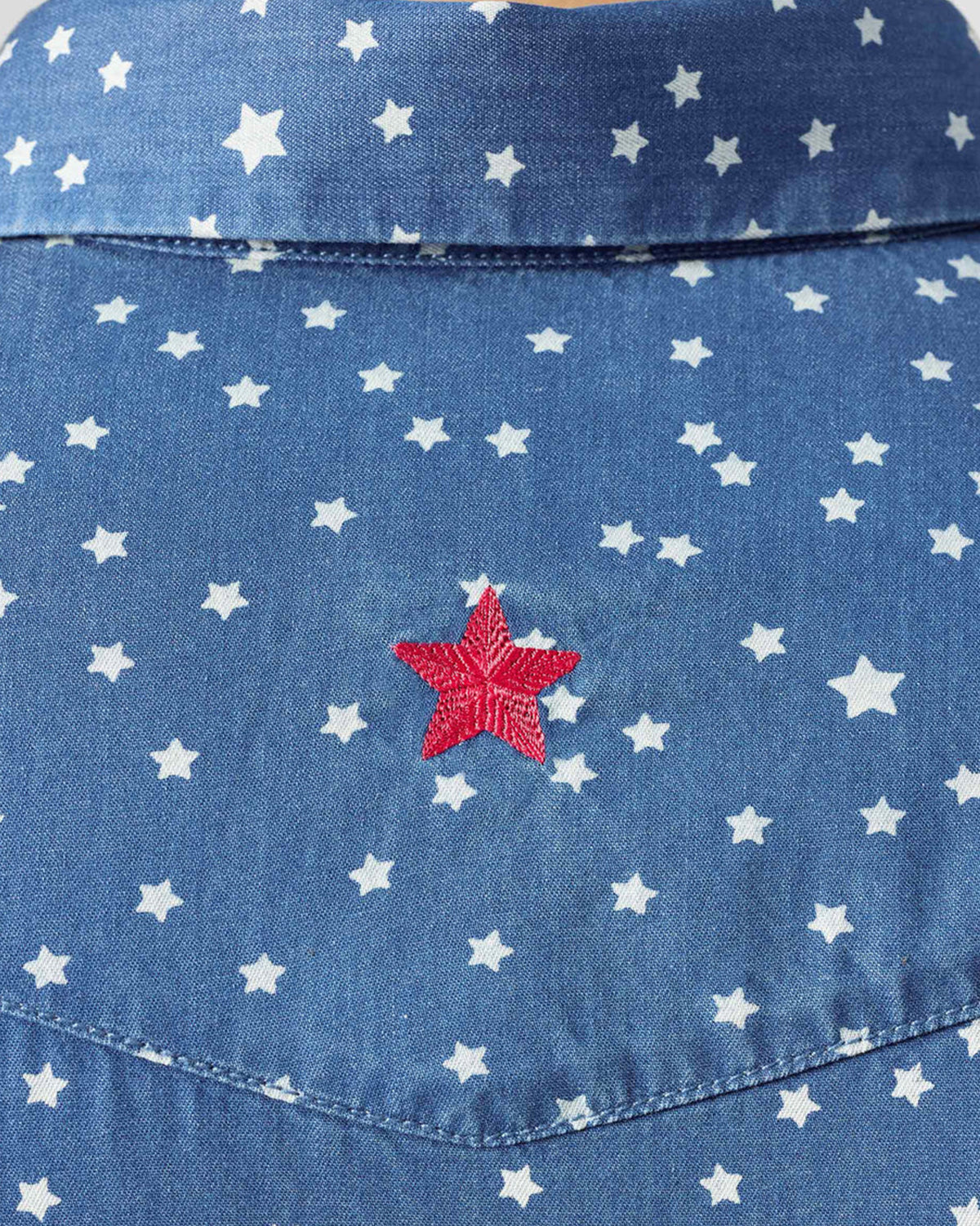 Close-up of a denim Spark shirt with a red star on the back yoke.
