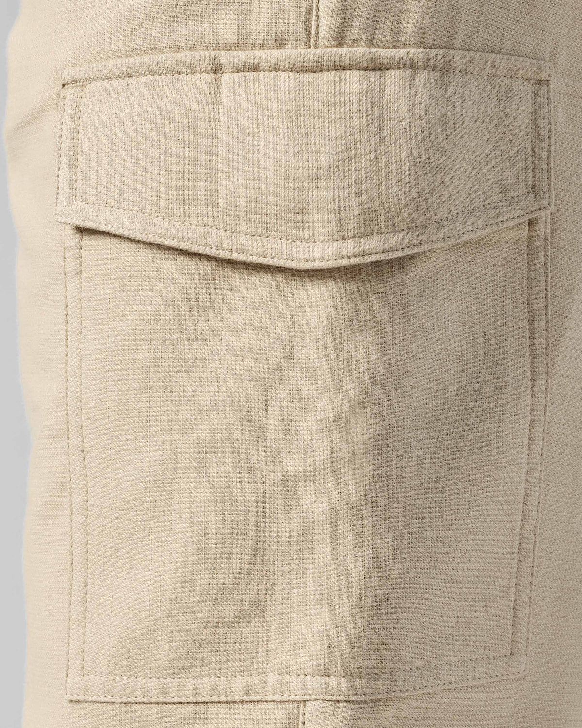 Close-up of a natural Riverbank pants cargo pocket with flap.