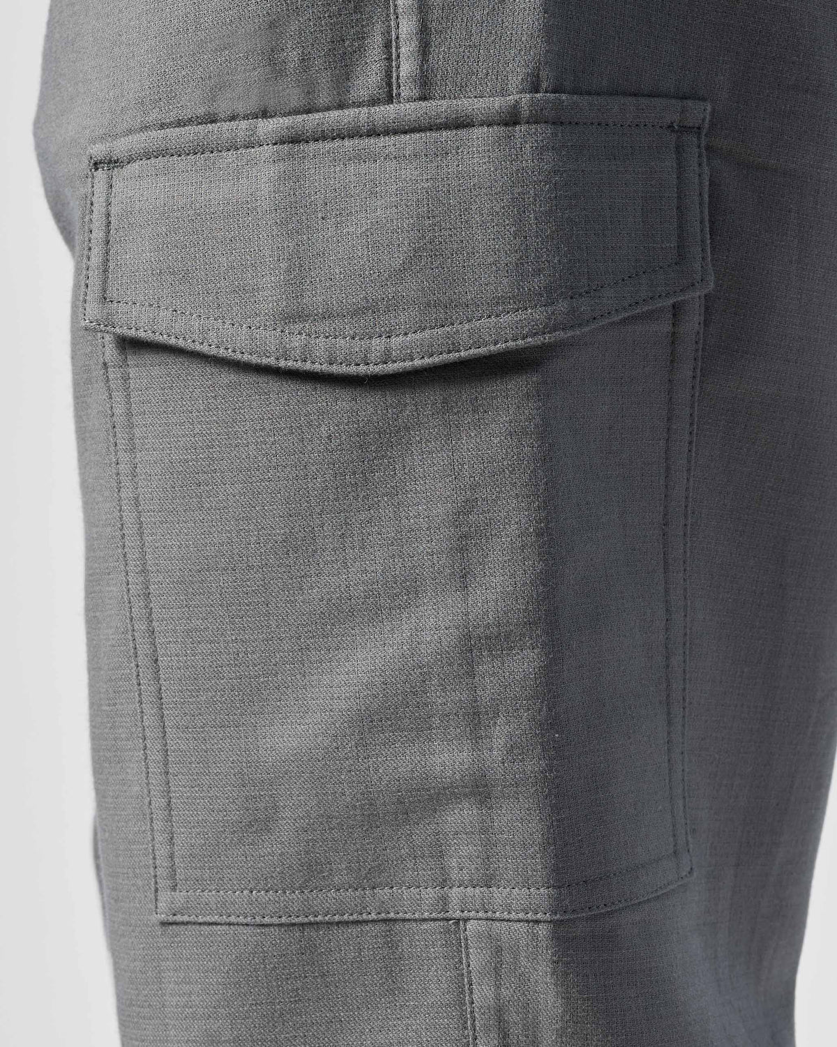 Close-up of a charcoal Riverbank pants cargo pocket with flap.