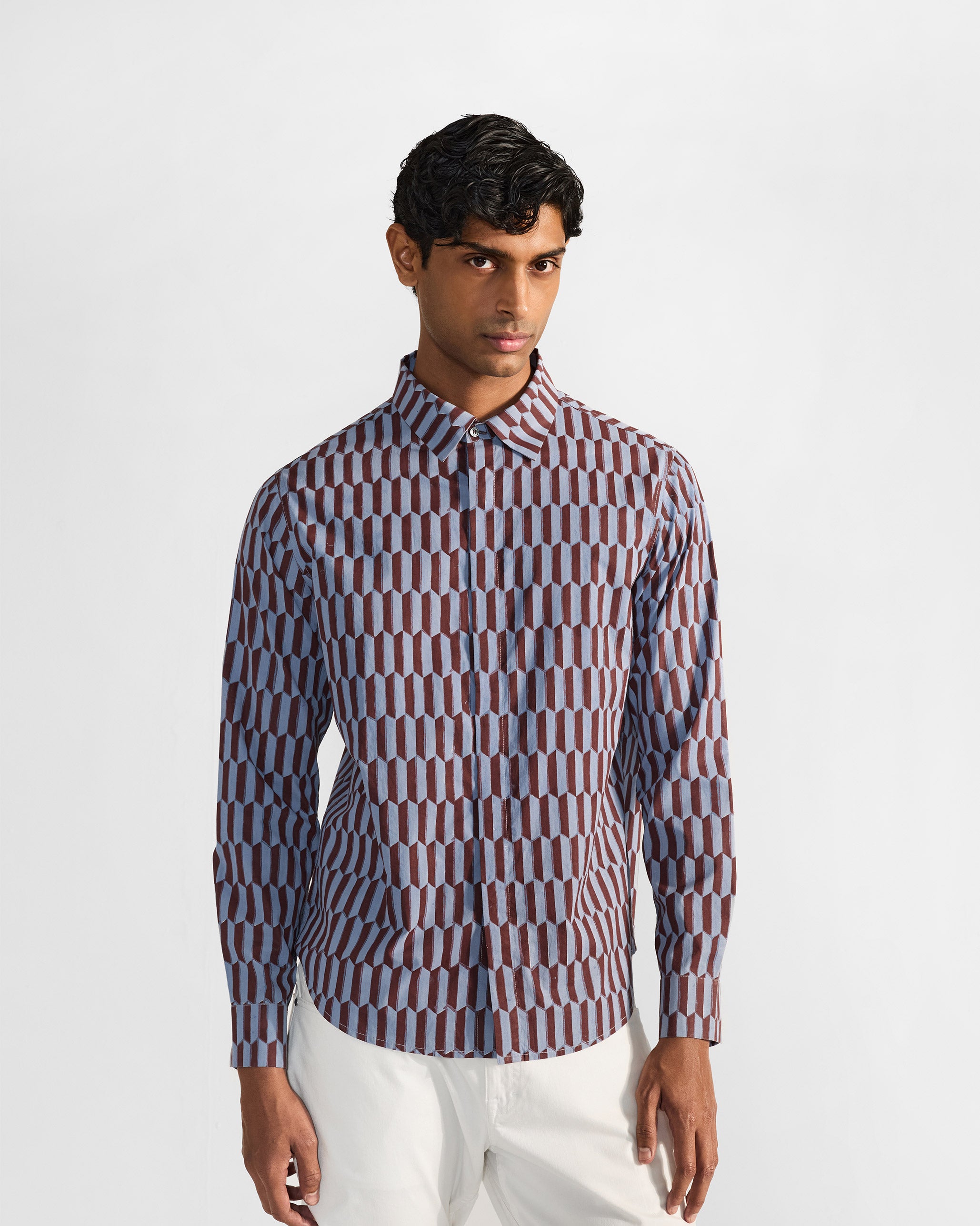 Drongo Shirt - Brown & Light Blue Print