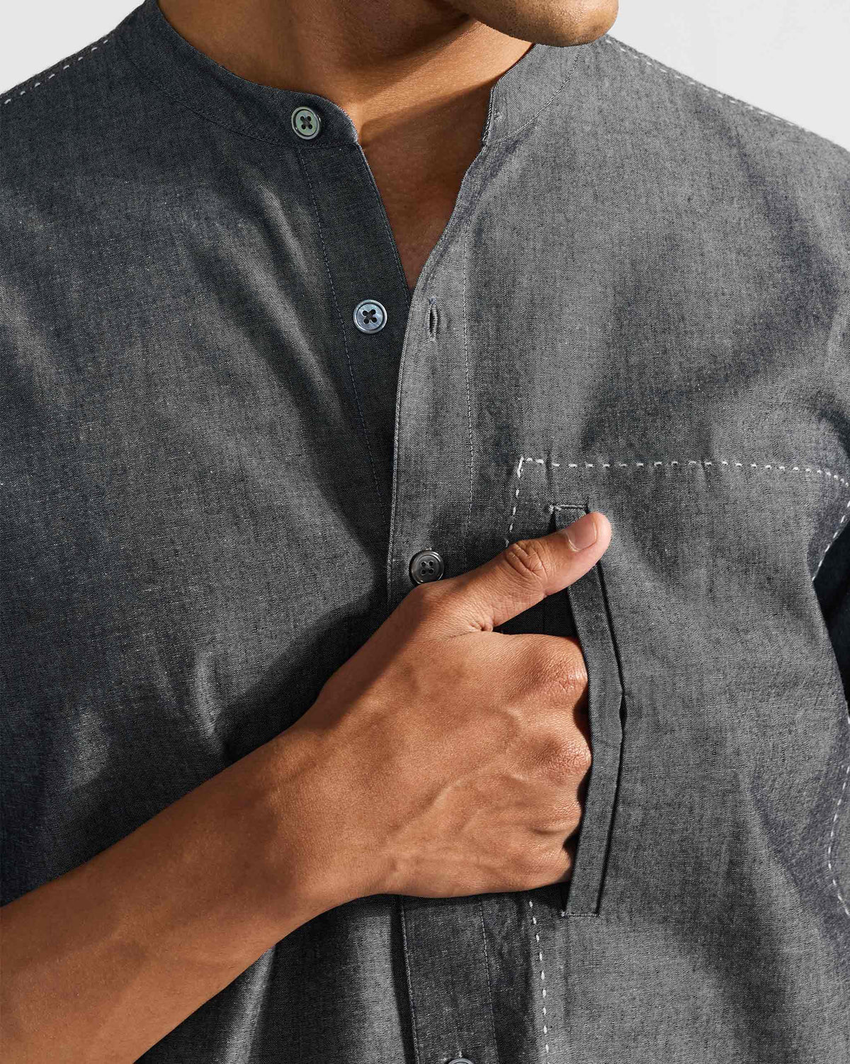 Close-up of the vertical chest pocket on a charcoal Marten shirt.