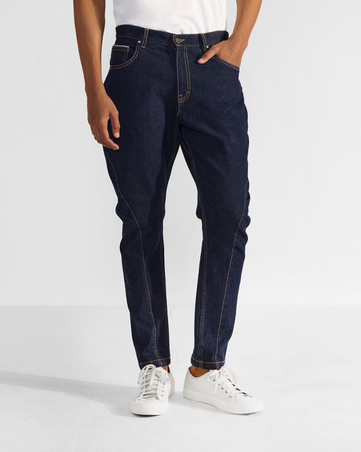 Denim Robin Jodhpur Pants with tapered legs and contrast stitching.