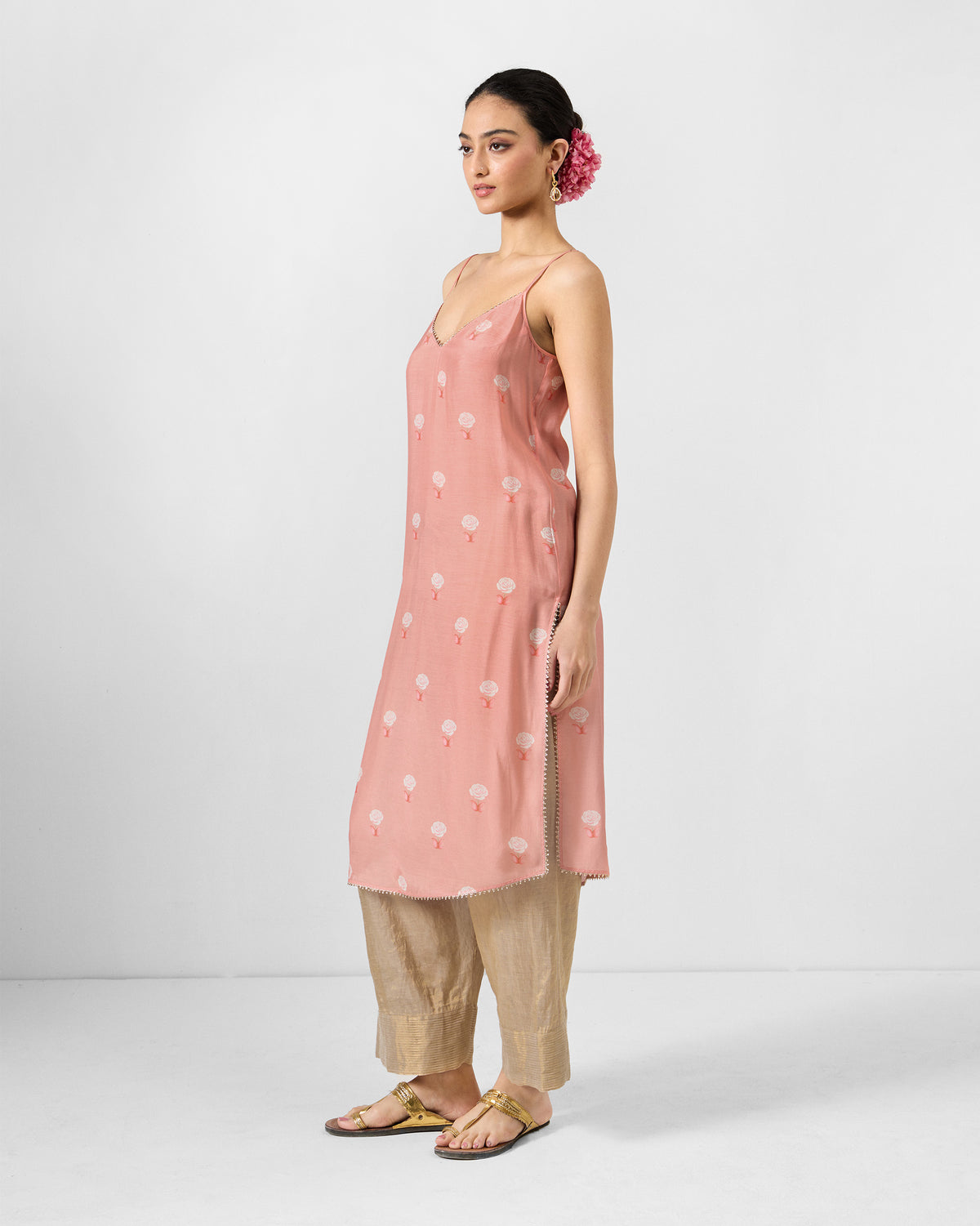 Side view of the pink printed slip from the Sukhna kurta with slip set.