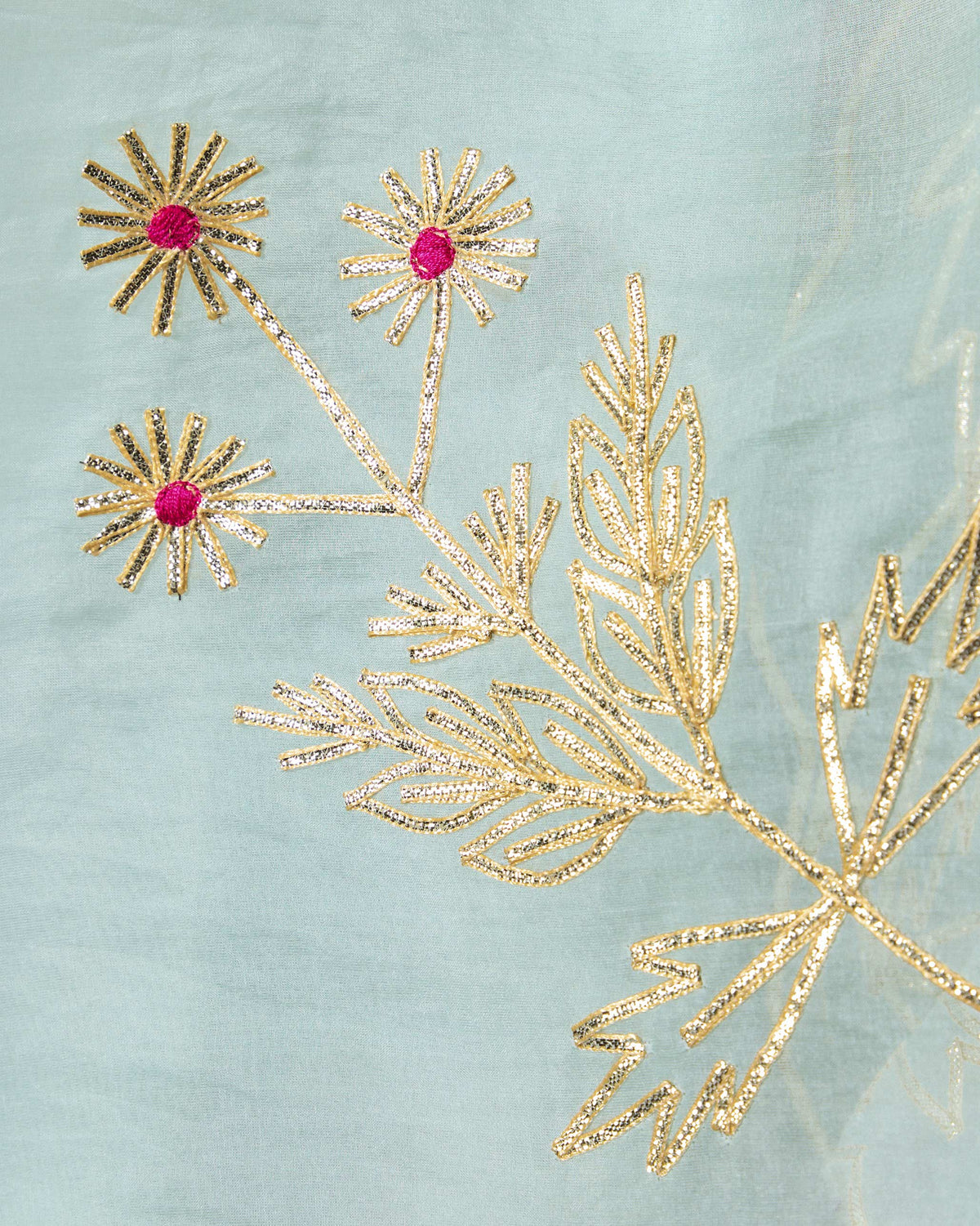 Close-up of a powder blue Kasara Dupatta showing gold gota floral embroidery.
