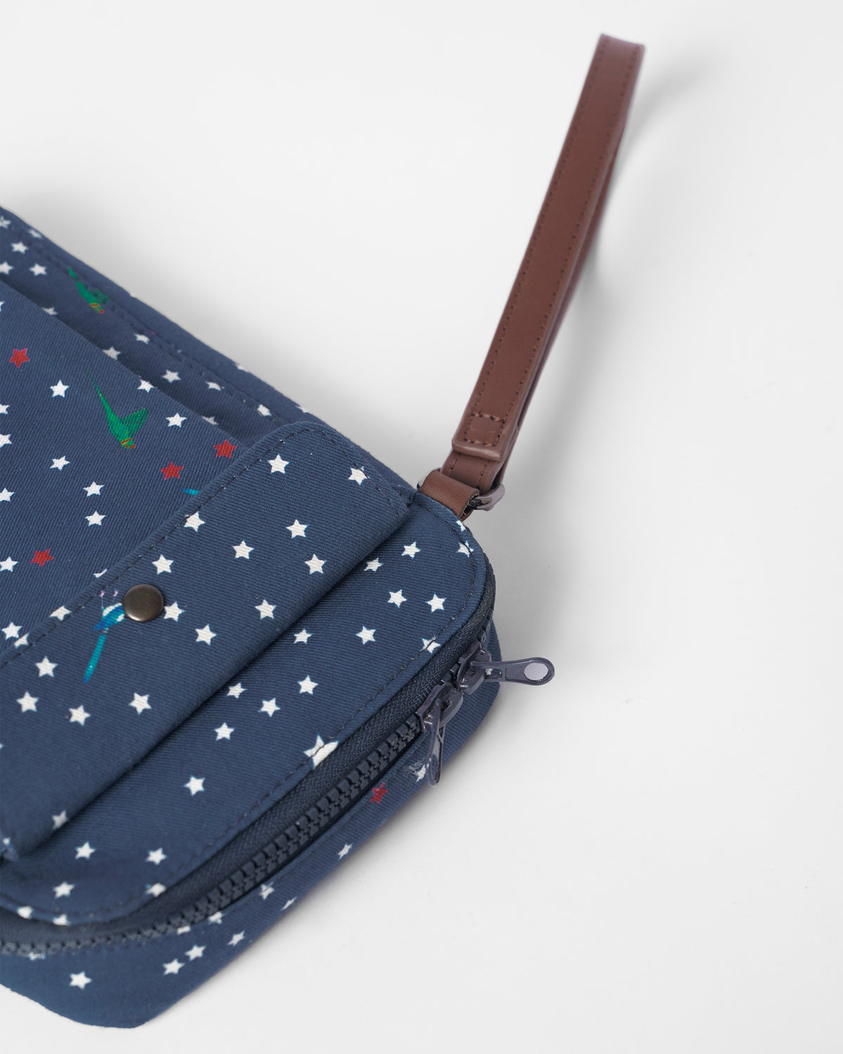 Close-up of the leather wrist strap on a navy star-print Gadget Pouch.
