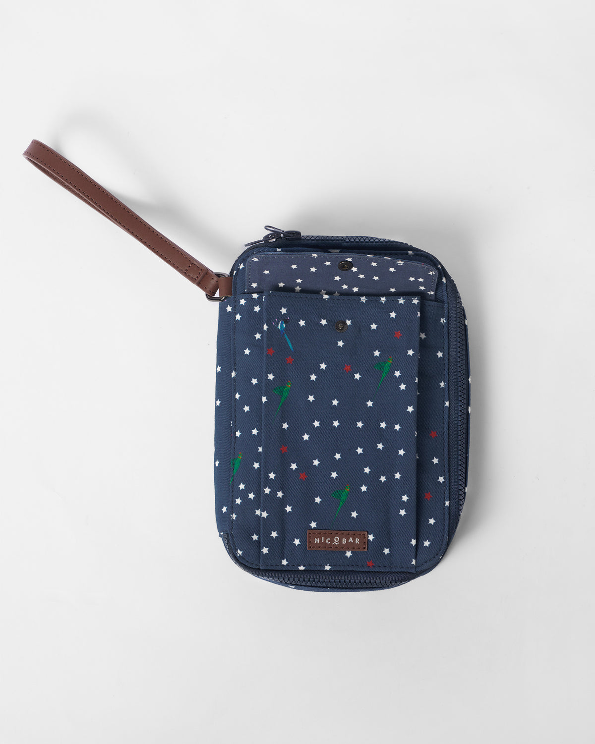 Navy Gadget Pouch with a snap front pocket and parrot print.