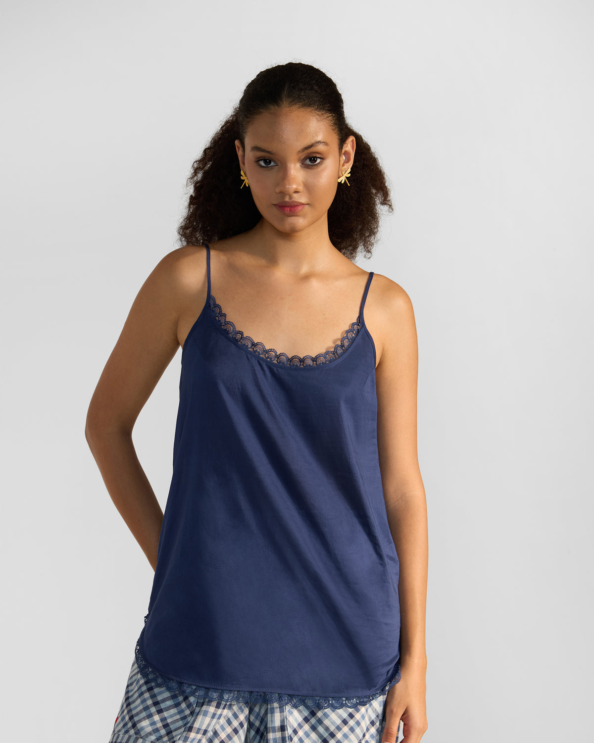 Navy lace-trimmed camisole slip from the Lina shirt with slip set.