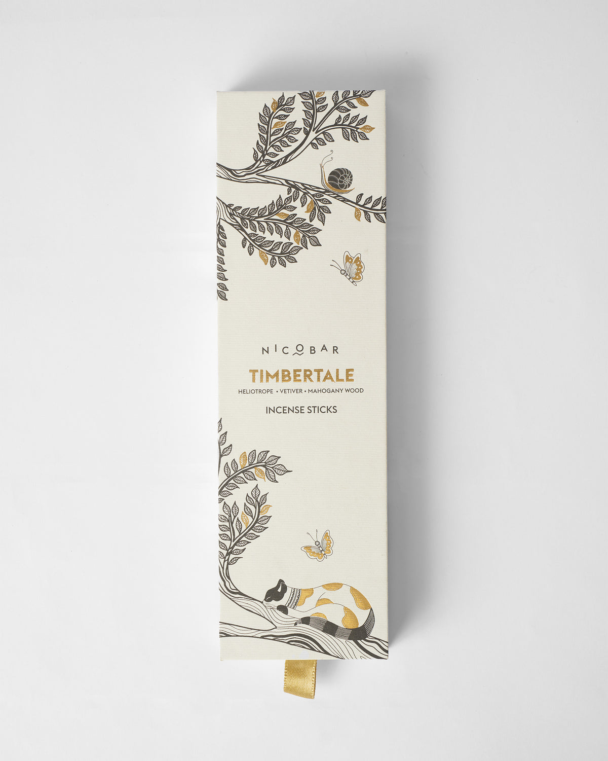 Timbertale Incense Sticks box with botanical sprigs and a gold ribbon tab.