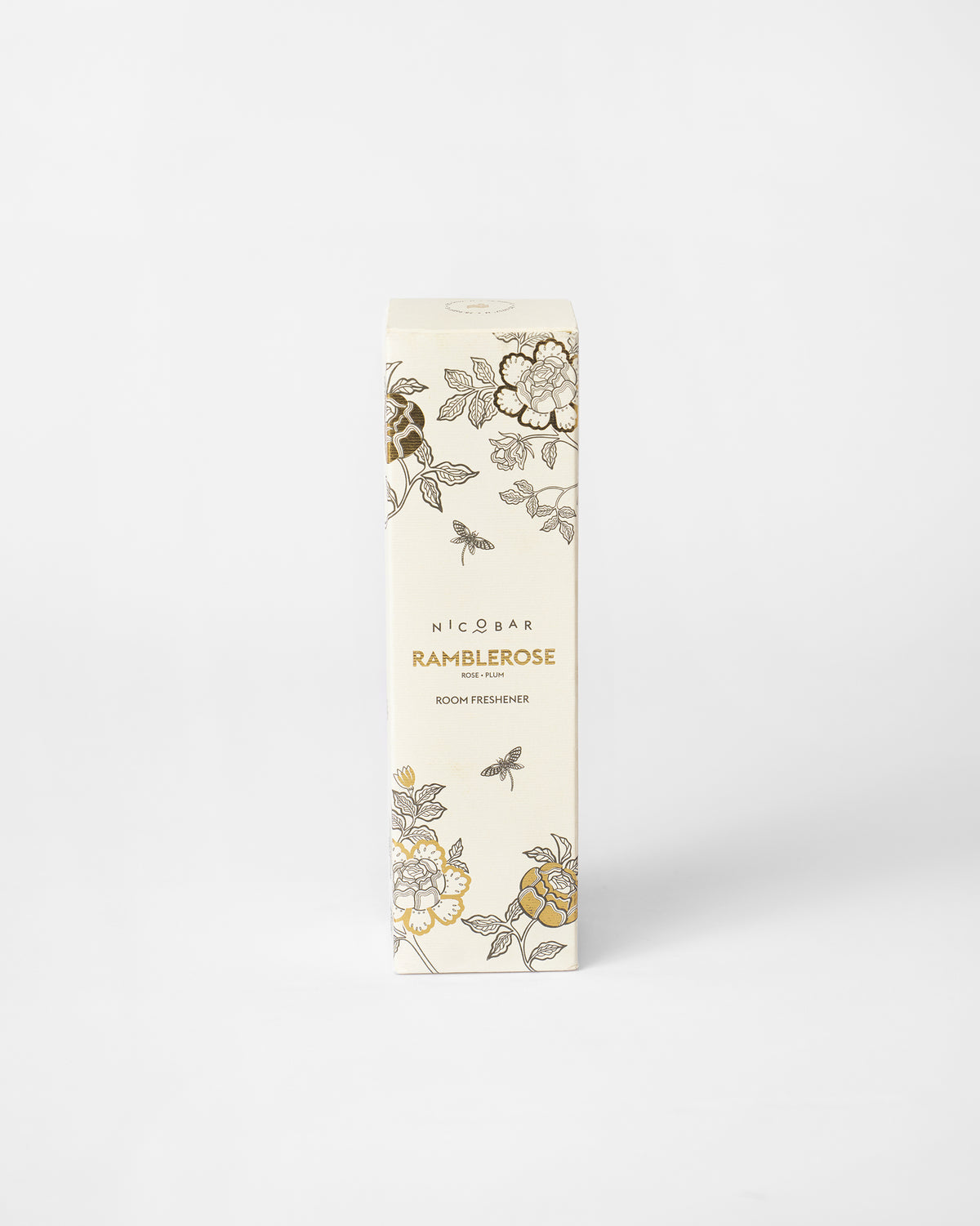 Box for the Ramblerose room spray with gold floral print.