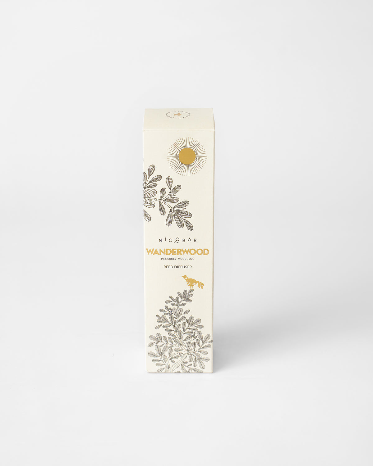 Cream Wanderwood reed diffuser box with botanical line drawings.