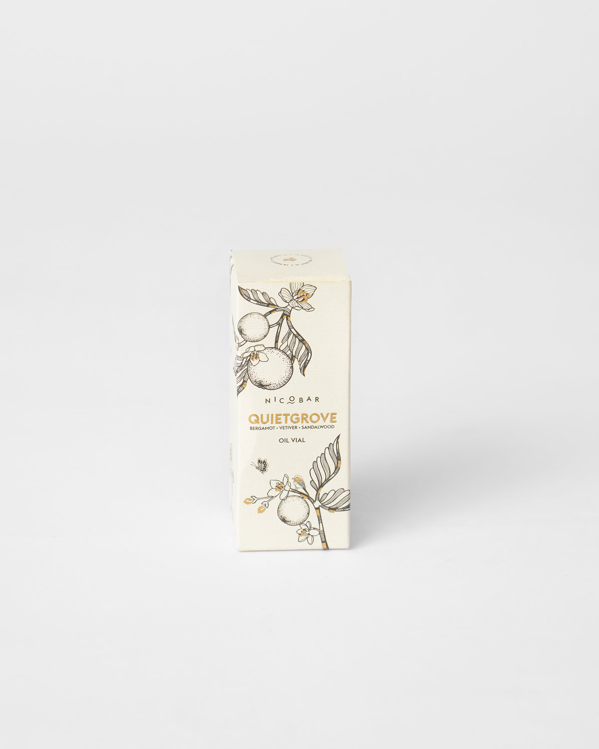 Quiet Grove oil vial box with bergamot botanical line drawings.