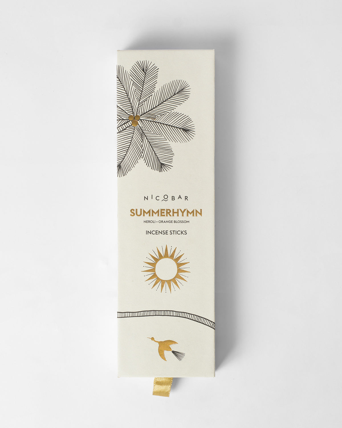 Summerhymn Incense Sticks box with a gold sun and palm leaf design.