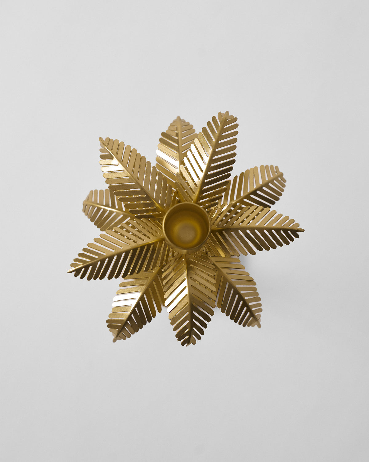Overhead view of gold palm fronds around the Palm Bloom candle holder cup.