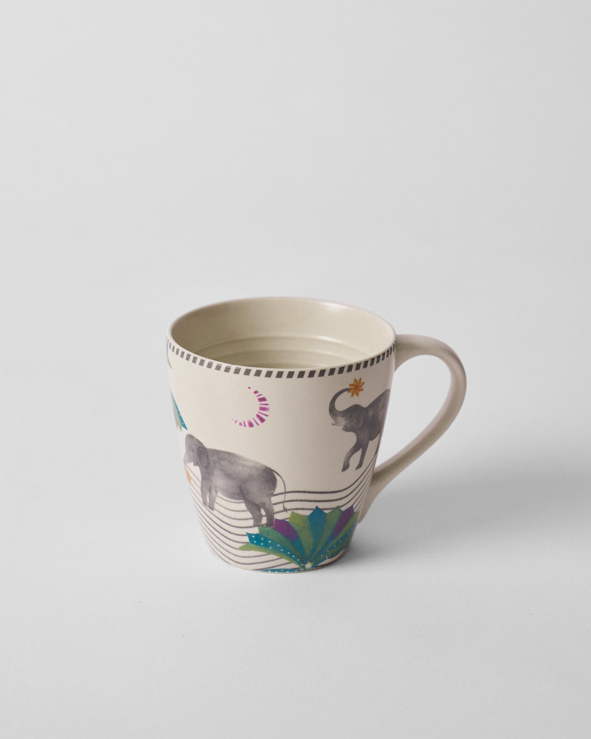 Tusk Conical Mug with grey elephant motifs and a dotted band near the rim.