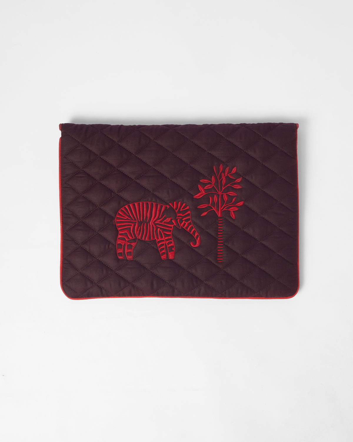 Brown Ele laptop sleeve with red elephant and tree embroidery.