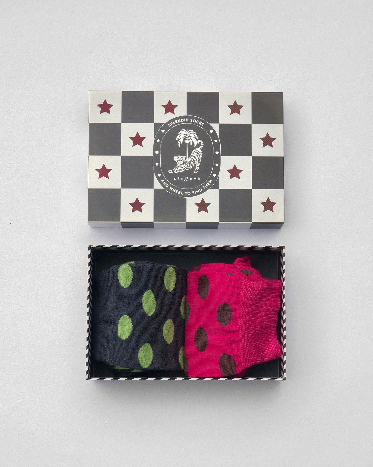 Polka Love socks packed in an open Splendid Socks gift box.