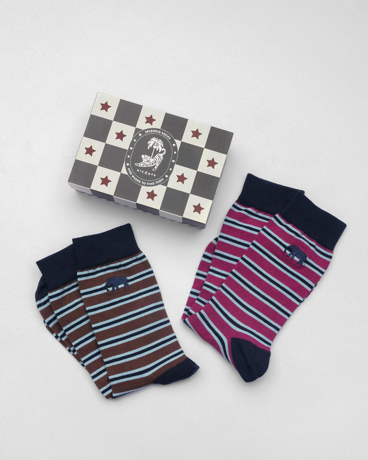 Stripey Socks gift set with checkerboard box and folded mulberry and brown pairs.
