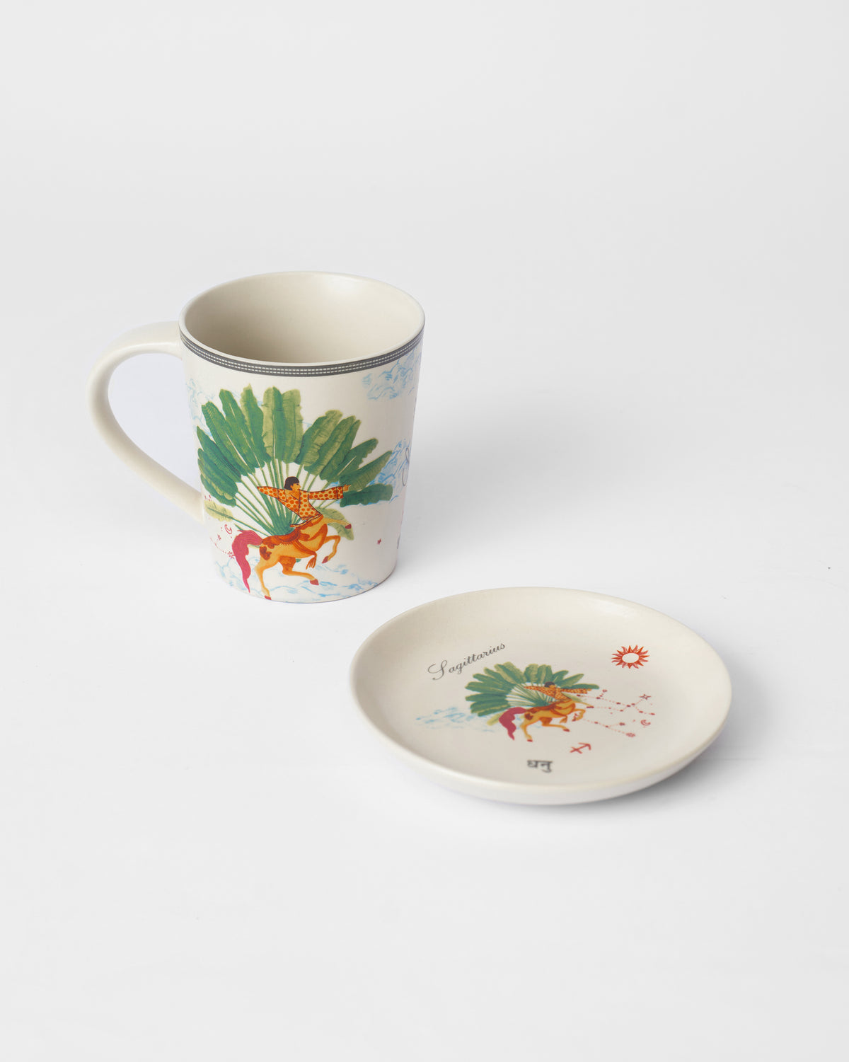 Nico Sagittarius mug and plate with centaur and palm leaf print.