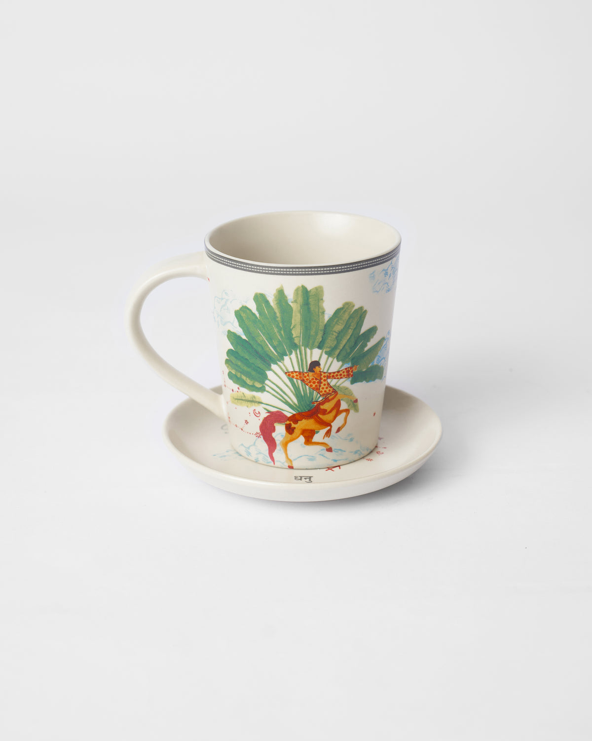 Nico Sagittarius mug on its plate with centaur and Dhanu text.