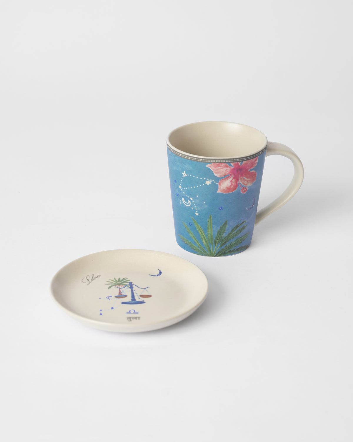 Nico Libra gift set with a blue floral mug and cream tea plate showing scales and Tula.