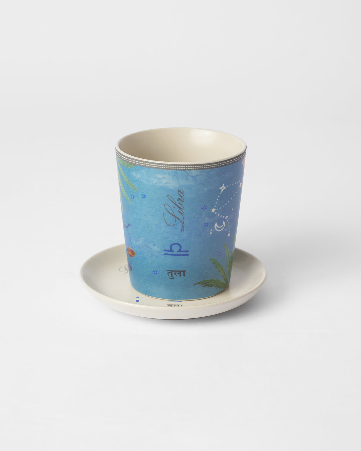 Nico Libra mug on a cream tea plate with Libra and Tula lettering.