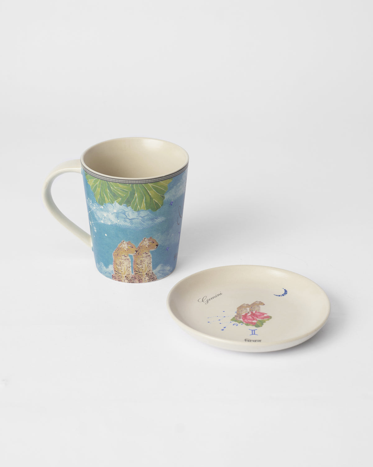 Cream Nico Gemini mug and tea plate with twin leopard print.
