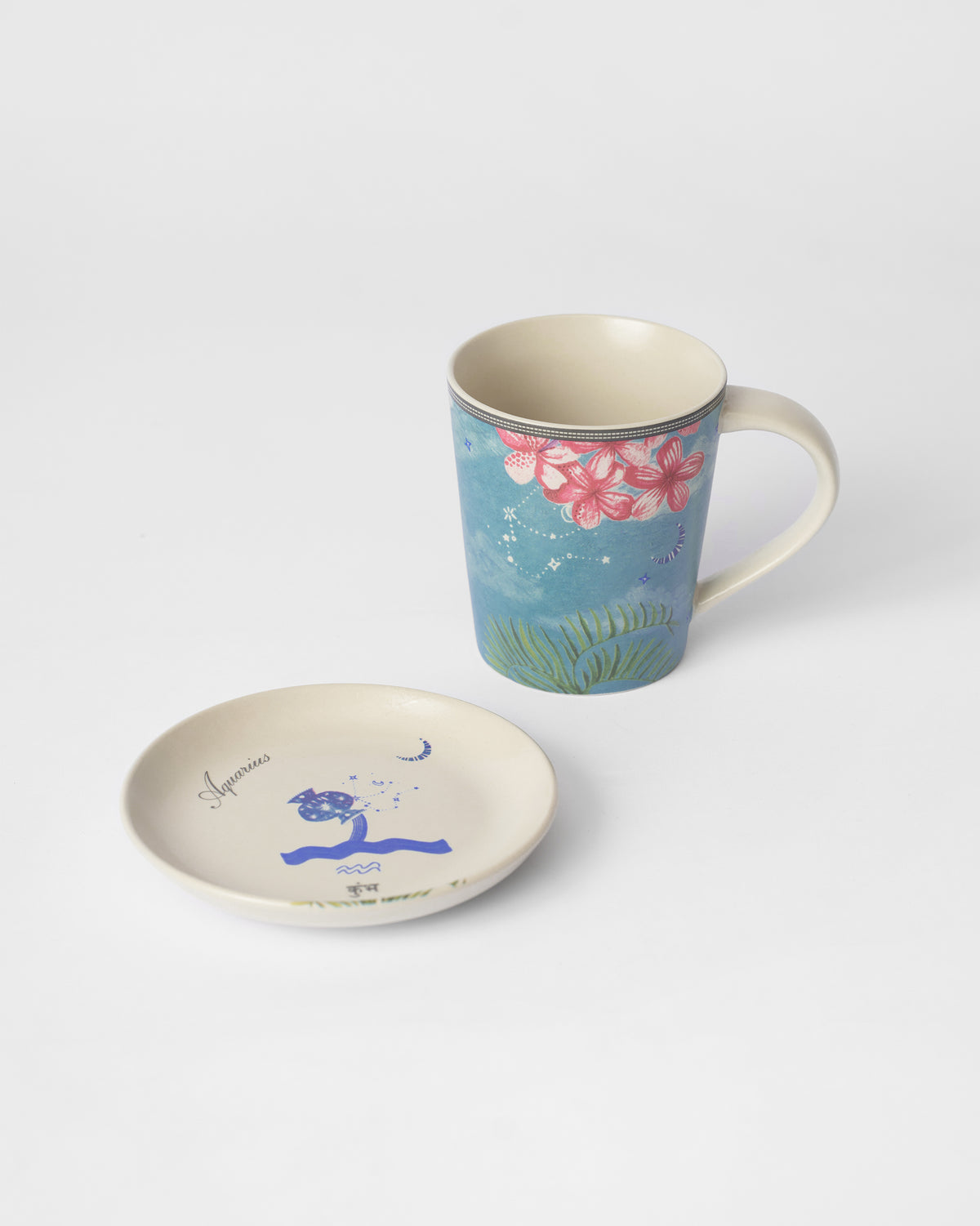 Nico Aquarius gift set mug and tea plate with Aquarius motifs.