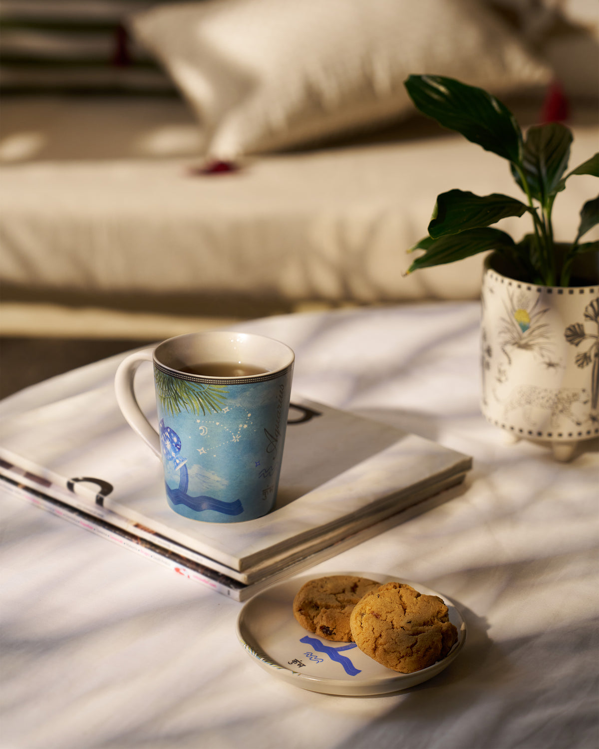 Nico Aquarius mug and plate used for tea with cookies.