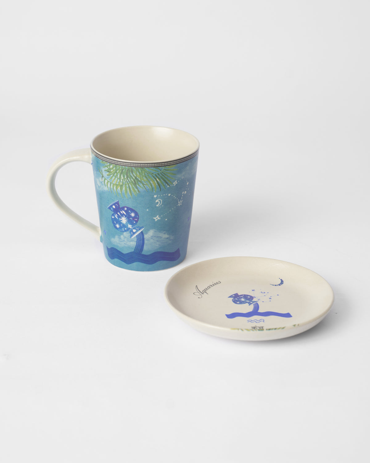 Nico Aquarius mug and plate showing the water-bearer pitcher.