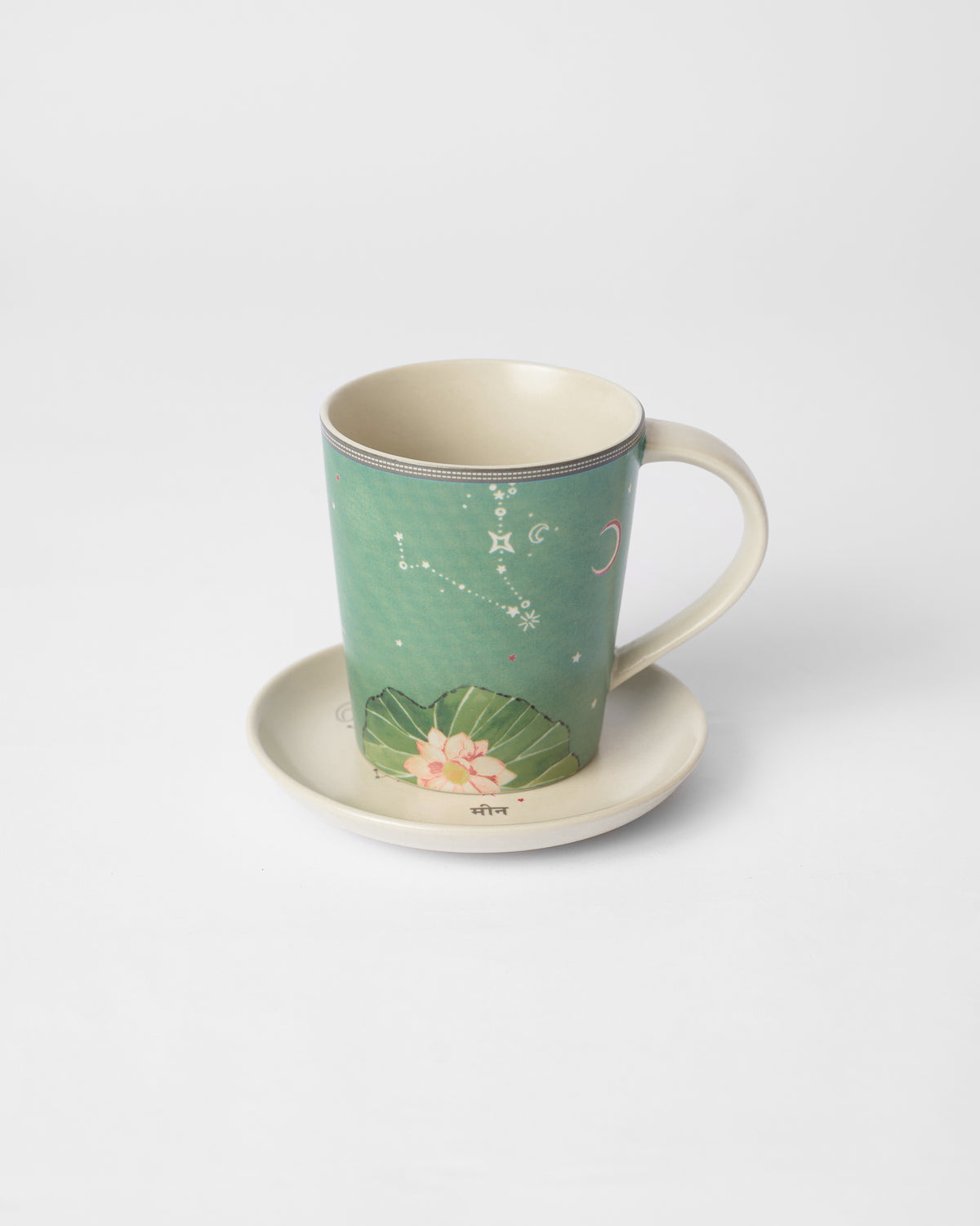 Nico Pisces Gift Set mug and saucer, showing a lotus leaf and blossom on green.