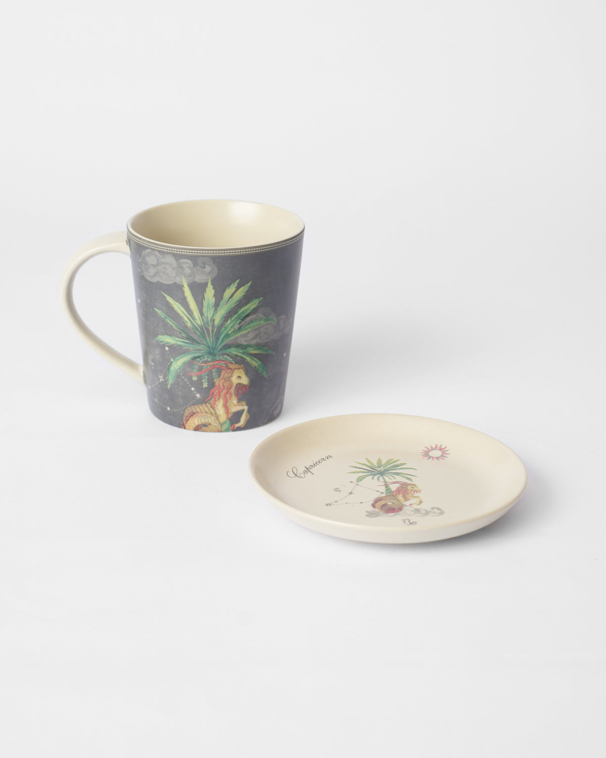 Nico Capricorn Gift Set mug and tea plate with sea-goat and palm print.