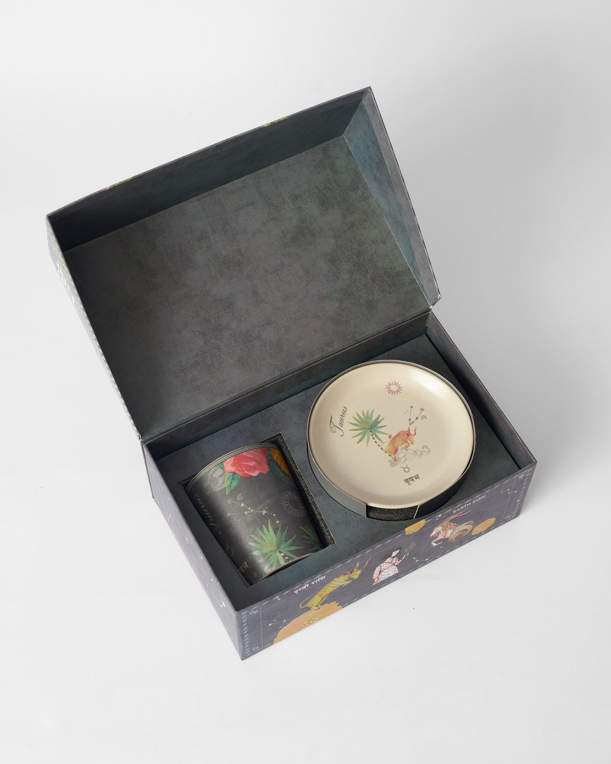 Nico Taurus mug and tea plate packed in an open Nicobar gift box.