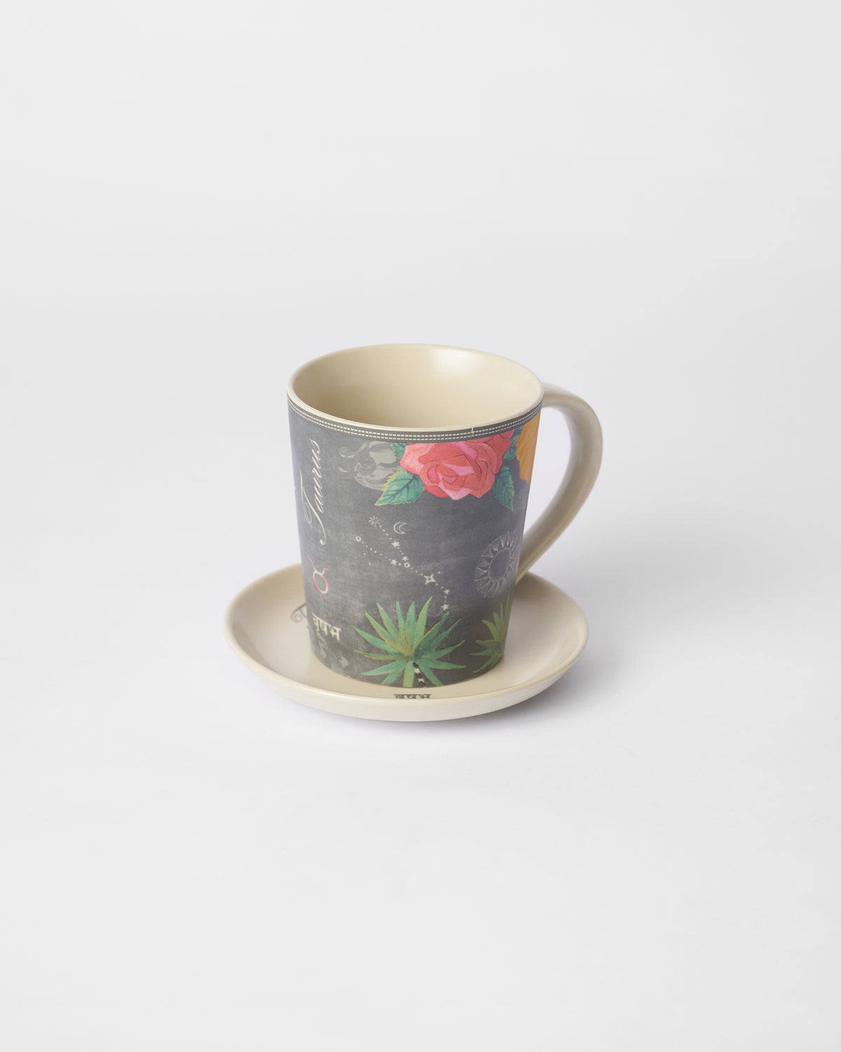 Nico Taurus mug with a red rose and Taurus lettering on its tea plate.