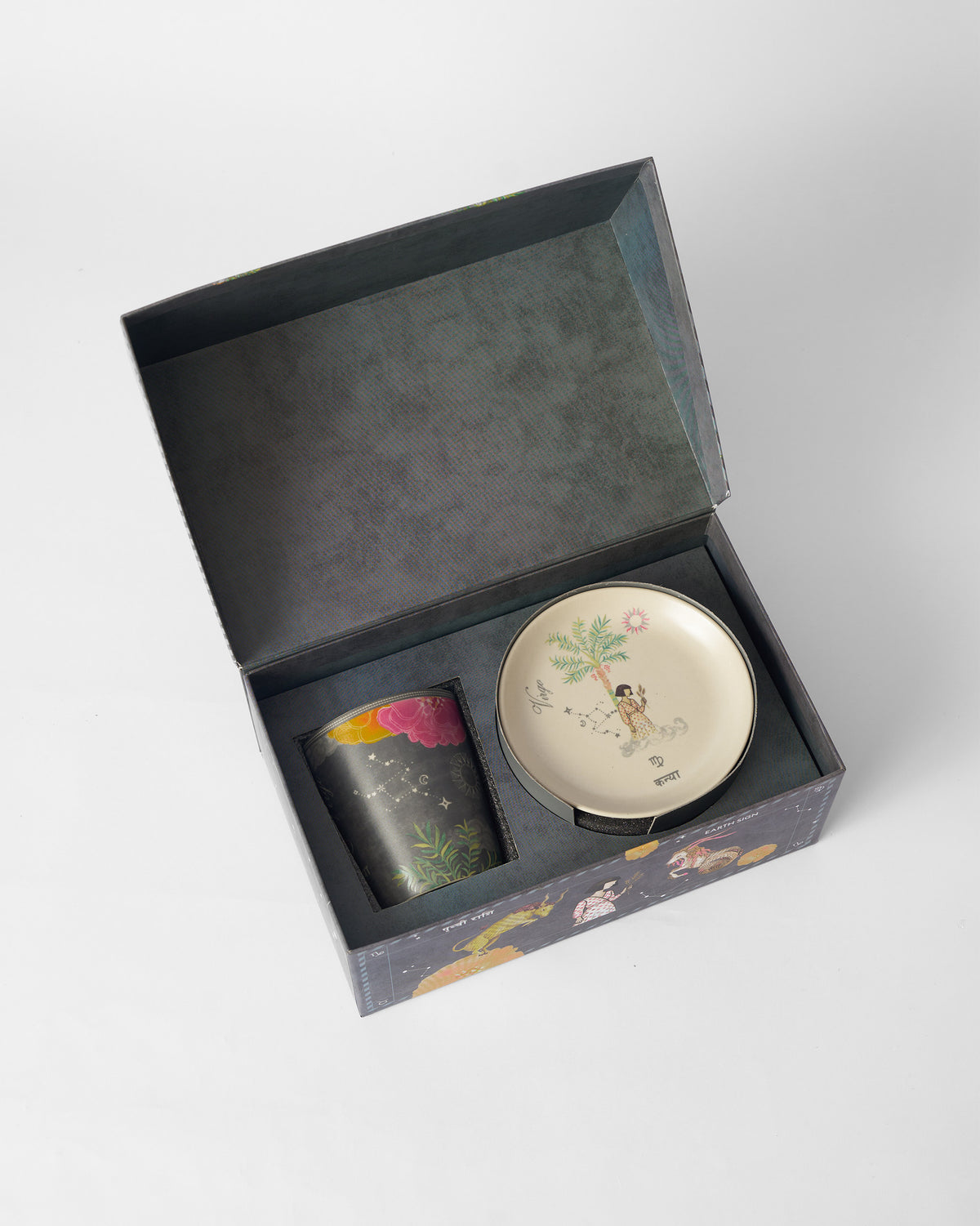 Nico Virgo mug and tea plate packed in an open Nicobar gift box.